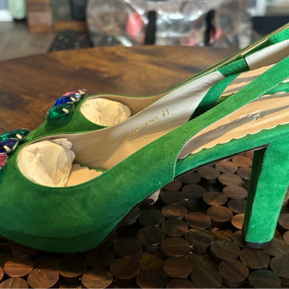 Boden Green Suede Slingback Heels with Multicolor Gem Accents - Picture 4 of 13